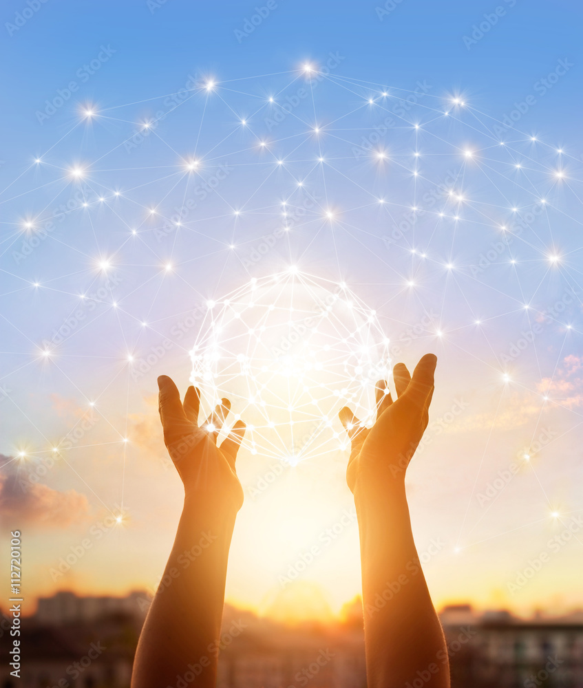 Poster Abstract science, circle global network connection in hands on sky