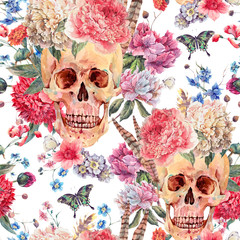 Watercolor seamless pattern with skull and pink peony