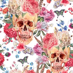 Aluminium Prints Human skull in flowers Watercolor seamless pattern with skull and pink peony