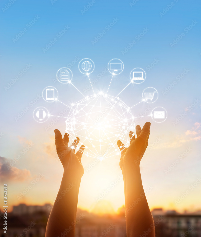 Poster hands holding circle global network connection, omni channel