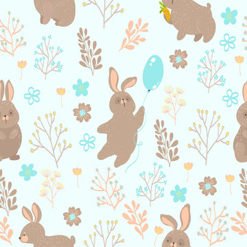 summer cute seamless pattern with vector rabbit and flower
