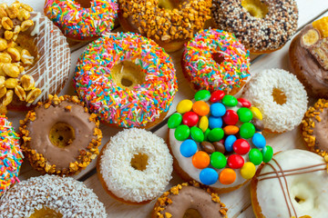 Donut. Sweet icing sugar food. Dessert colorful snack.