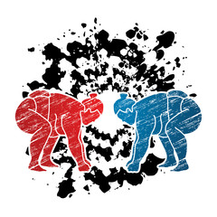 Sumo prepare to fight designed using grunge brush on grunge ink background graphic vector.