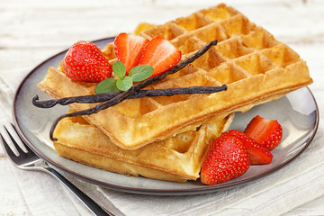 Belgian Waffles with Fresh Strawberries and Vanilla beans