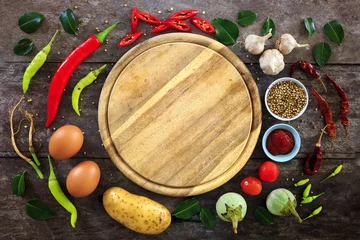 Printed kitchen splashbacks Cooking cooking concept, fresh kitchen herbs and spices on wooden table. top view and nature light [over light]