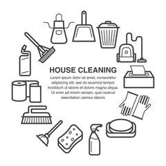 House cleaning icons in a circle composition made in line art style.