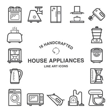Set of 16  house appliances icons made in line art style.