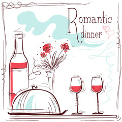 Romantic dinner card.Vector illustration with wine and food