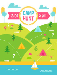 Summer Camp Hunt, Quest and Outdoor Activities Vector Poster - 112726992