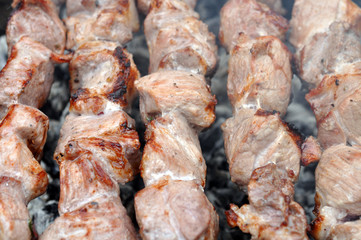 Barbecue Beef Kebabs On The Hot Grill Close-up