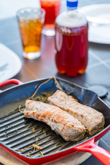Grilled Ribeye Steak Entrecote on Grill Pan, Opening Summer Season in Garden