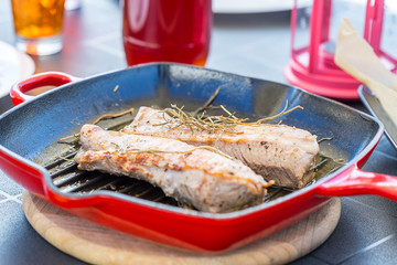 Grilled Ribeye Steak Entrecote on Grill Pan, Opening Summer Season in Garden