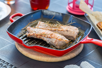 Grilled Ribeye Steak Entrecote on Grill Pan, Opening Summer Season in Garden