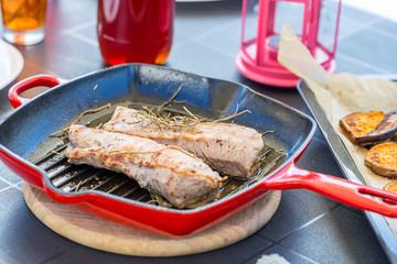 Grilled Ribeye Steak Entrecote on Grill Pan, Opening Summer Season in Garden