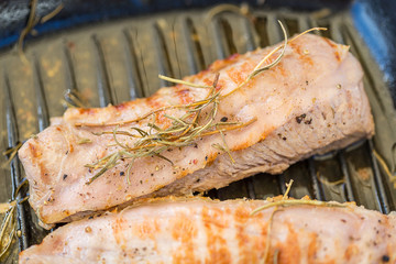 Grilled Ribeye Steak Entrecote on Grill Pan, Opening Summer Season in Garden, Top View