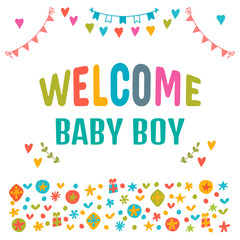 Fototapeta na wymiar Welcome baby boy. Baby boy shower card. Baby shower greeting car