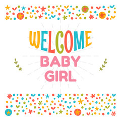 Welcome baby girl shower card. Arrival card. Cute postcard. Anno