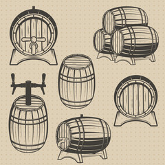 Vector set of barrels in vintage style