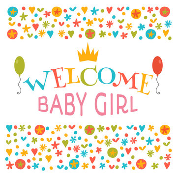 Welcome baby girl. Baby girl shower card. Announcement card. Bab