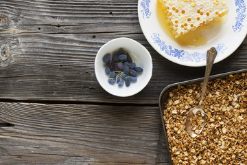 Healthy breakfast. Honey crisp flavorful granola with nuts and berries