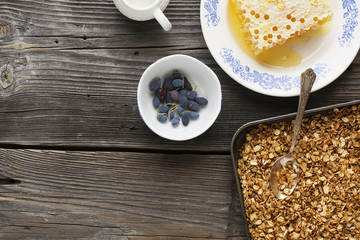 Healthy breakfast. Honey crisp flavorful granola with nuts and berries