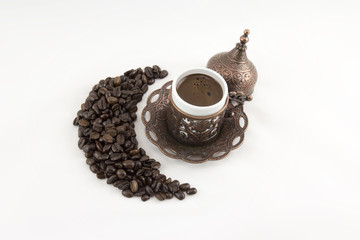 Crescent of Coffee Beans with Turkish Coffee