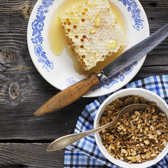 Healthy breakfast. Honey crisp flavorful granola with nuts and berries
