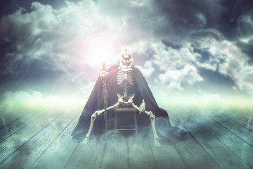 Wizard skeleton sitting on a chair
