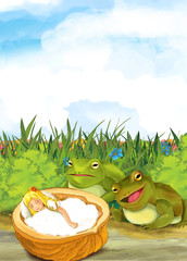 Cartoon fairy tale scene with a tiny girl sleeping near the meadow - frogs taking care of her - illustration for children