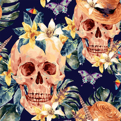 Summer watercolor vector skull, tropical leaves, flowers