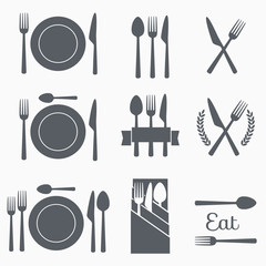 Set cutlery icon vector illustration. Black silhouette of fork, knife, spoon and plate. Table appointments. Menu