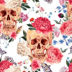 Behang Doodshoofd met bloemen Vector naadloos patroon met schedel en bloemen