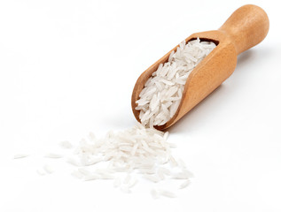 Rice in wooden spoon on white background. Close up, high resolution product