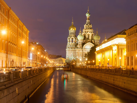 Church of the Resurrection Christ , St Petersburg, Russia at night