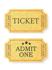 Vintage admit one ticket isolated on white background.