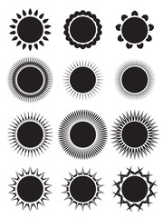 Set of icons of suns with different rays. Vector element for your design