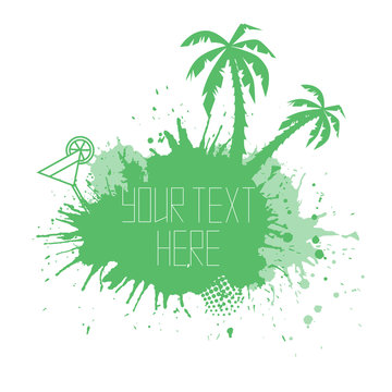 Summer banner with watercolor splashes palm trees and space for text. Vector element for your design