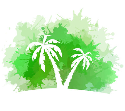 Summer banner with watercolor splashes and palm trees. Vector element for your design
