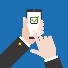 Hand holding smart phone illustration, Hand touching smart phone screen with check list symbol, Hand Using smart phone with check mask concept, flat design