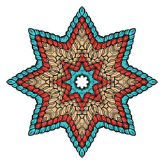 Hand-drawn star shape frame pattern with a vector image of interwoven strands of hair or yarn in pastel shades of pale, beige, red and blue. Suitable for web design, artwork, prints, invitations.