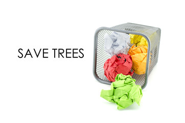 conceptual image of green, red and yellow waste color paper with word SAVE TREES. isolated white background