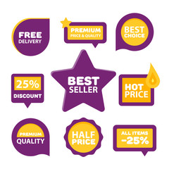Fototapeta premium Collection of Premium Quality, Guarantee Labels, Best Seller badges on modern styled design. Vector logo concept for web graphics. 