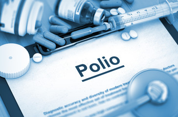 Polio, Medical Concept with Selective Focus. Polio Diagnosis, Medical Concept. Composition of Medicaments. Polio - Printed Diagnosis with Blurred Text. 3D Render. - obrazy, fototapety, plakaty