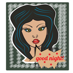 Pop art style girl on halftone background with happy good night bubble. Sticker figure, poster. Vector