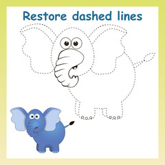 Trace game for children.Cartoon elephant.  Restore dashed line and color picture!