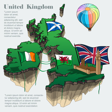 United kingdom country infographic map in 3d with country shape flying in the sky with clouds, big flags of ireland scotland and a colored flying balloon. Digital vector image