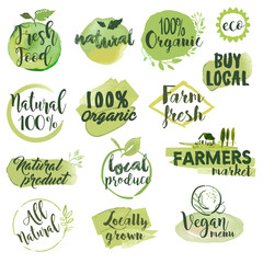 Hand drawn watercolor stickers and badges for organic food, restaurant and natural products. Vector illustration set for graphic and web design.