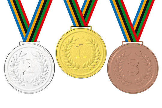 Medaglie Podio 123
Medaglie olimpiche: Oro, Argento e Bronzo con nastro con i colori olimpici.