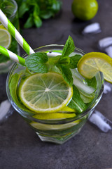 summer drink, mojito cocktail with mint and lime on black backgr