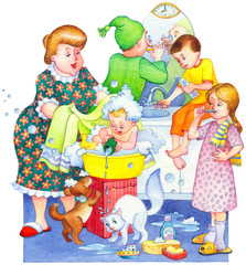 Fototapeta na wymiar Watercolor illustration. Family washes in the bathroom